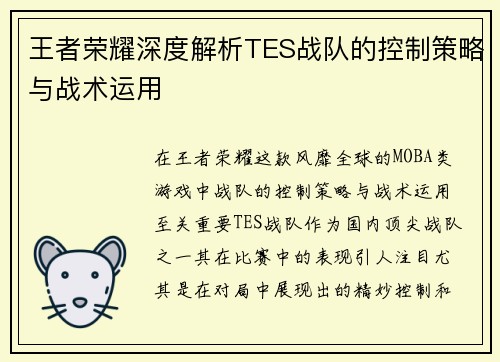 王者荣耀深度解析TES战队的控制策略与战术运用