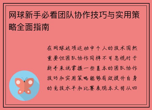 网球新手必看团队协作技巧与实用策略全面指南